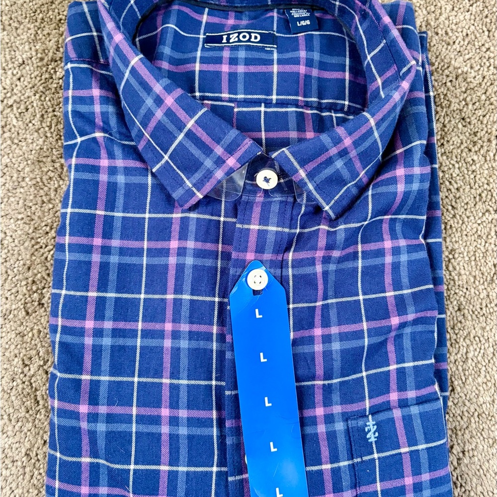 Izod Men's Navy and Pink Plaid Shirt